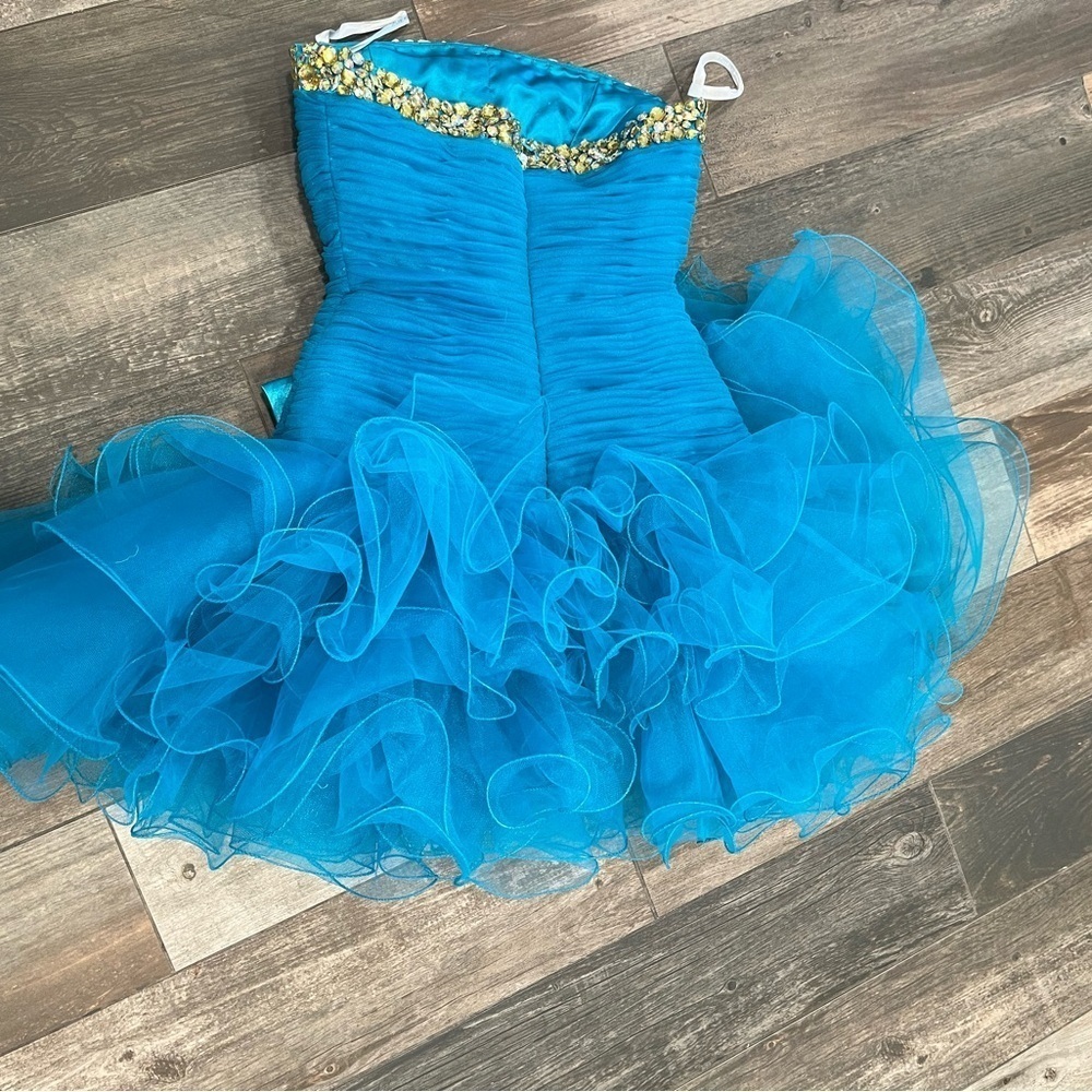 sherri hill 2326 Turquoise size 2 cocktail dress bow Rhinestone Flounce Ruffle - Picture 11 of 15